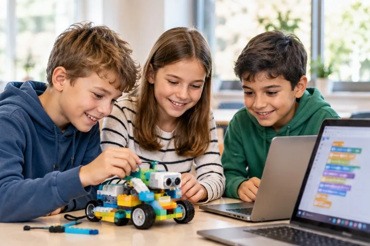 Kinder programmieren gemeinsam an Laptops